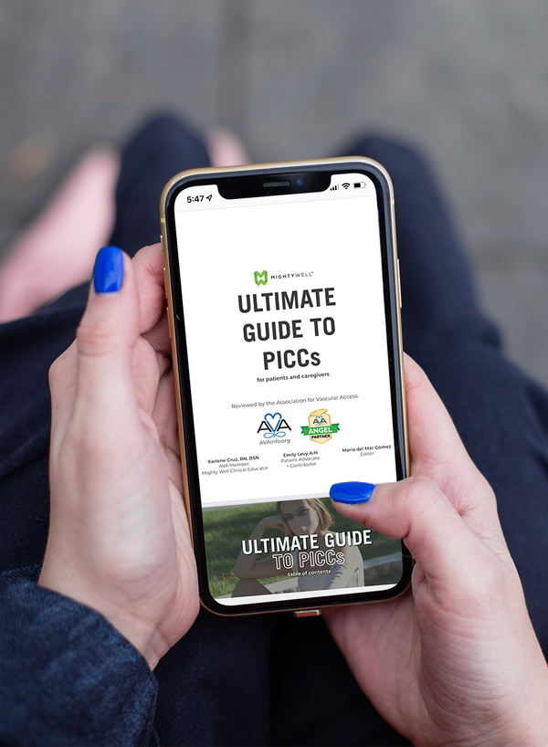 A person is holding a smartphone with an open guide titled 'ULTIMATE GUIDE TO PICCS' on the screen.
