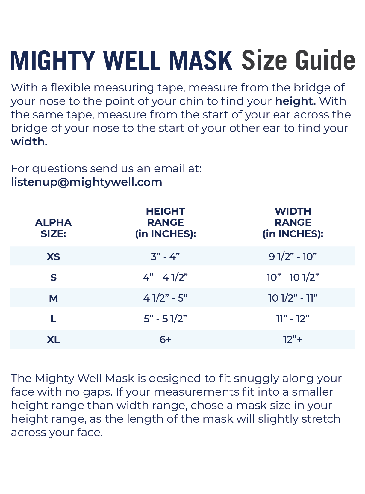 Mighty Well mask Size Chart